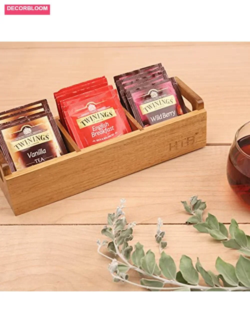 Large 2 Tier Acacia Wood Tea Organizer with Drawer, 9 Compartments, Coffee Pod
